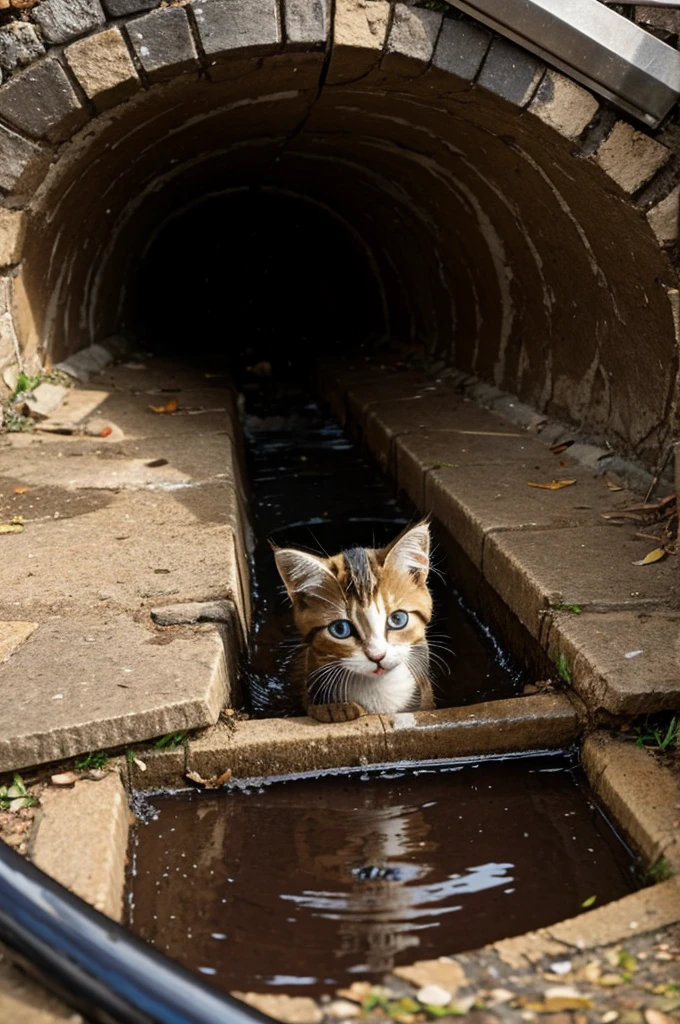  a kitten fall into drainage