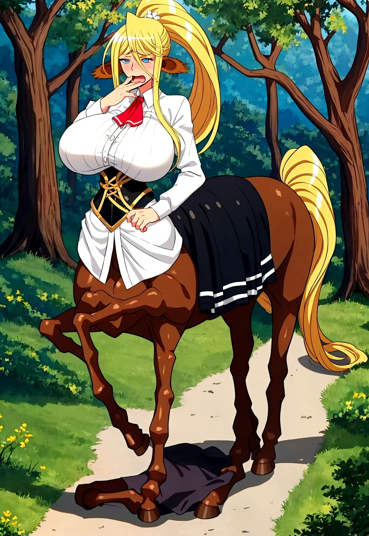 Anime centaur.1 girl. Cutie. Centaur girl. Half-human. Monster girl. Centaur. The girl is a horse. Blonde. Long hair. Hair ornament. Her hair is pulled back into a high ponytail. Blue eyes. Beautiful eyes. Perfect eyes. Expressive eyes. Ideal face. Face about to sneeze
Sneezing face. Beautiful nose. Snotty nose. After sneezing, long snot hangs from the nose. 16 years. Big breasts. Beautiful breasts. Girl knight. Centaur knight. She is ill. She got sick. She has allergies. She has a runny nose. Nasal mucus. She has snot. She wants to sneeze. She needs to sneeze. She has a strong, desperate urge to sneeze. She sneezes. She sneezes. Splashes of snot fly to the sides. Snot flows from the nose. She's on her period. Her crotch is bleeding. She has urinary incontinence. She wants to pee. She needs to pee.
She has a strong, desperate urge to pee. Hand on the aroma. Creaco squeezes his crotch. Trettperineum. She described. Urine pours onto the ground. In the middle of the forest. Ideal anatomical body. The lower part of the body is equine. Horse slender legs. Hooves instead of legs. White linen blouse. Light plate armor - corset. Skirt. No panties. Standing. Full height. Beautiful character design. Shiny skin. Whole body. NFS. Official art. Extremely detailed CG Unity 8k wallpaper. Ideal lighting. Ultra high resolution 4K. Super detailed 8K. A high resolution.