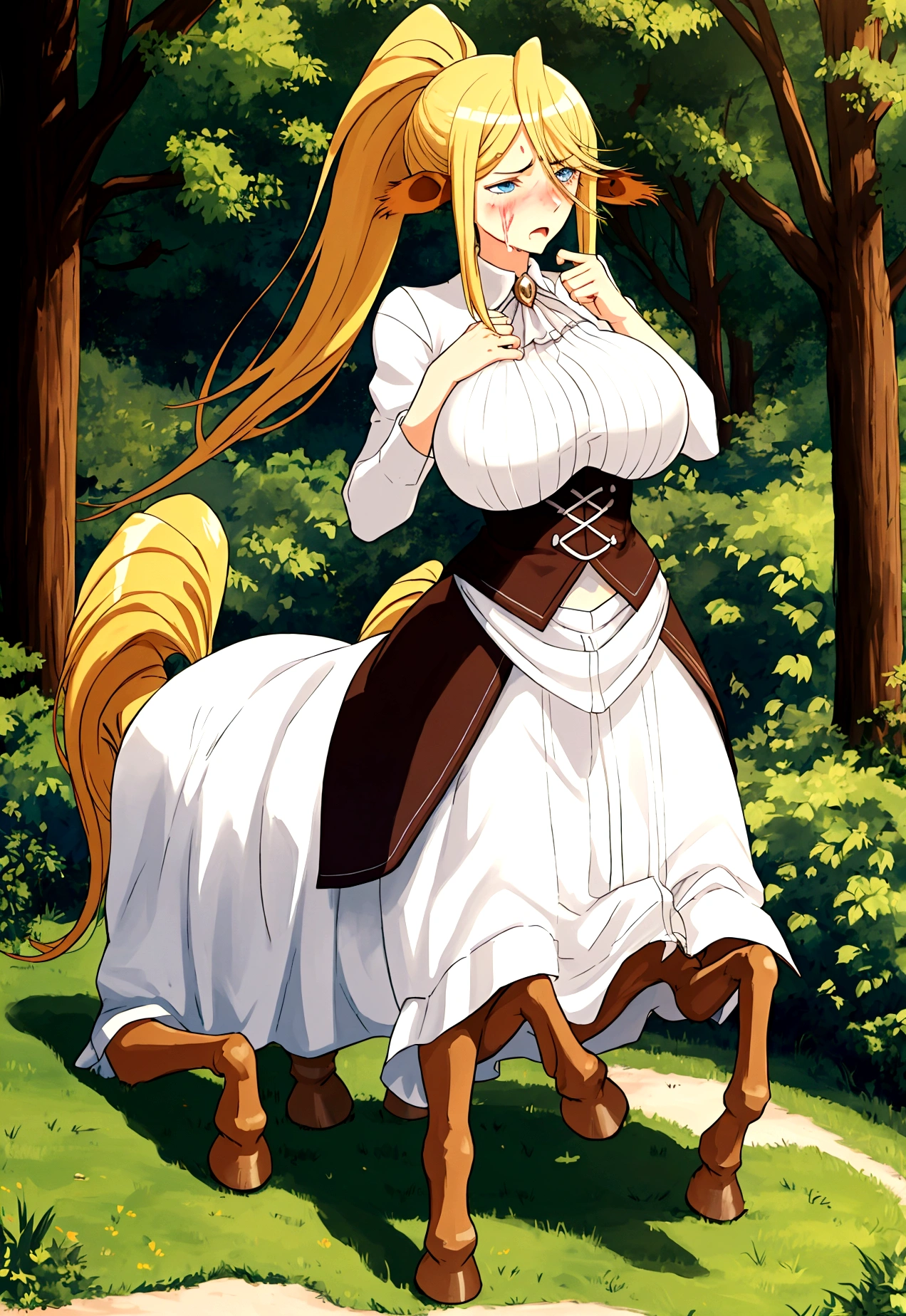 Anime centaur.1 girl. Cutie. Centaur girl. Half-human. Monster girl. Centaur. The girl is a horse. Blonde. Long hair. Hair ornament. Her hair is pulled back into a high ponytail. Blue eyes. Beautiful eyes. Perfect eyes. Expressive eyes. Ideal face. Face about to sneeze
Sneezing face. Beautiful nose. Snotty nose. After sneezing, long snot hangs from the nose. 16 years. Big breasts. Beautiful breasts. Girl knight. Centaur knight. She is ill. She got sick. She has allergies. She has a runny nose. Nasal mucus. She has snot. She wants to sneeze. She needs to sneeze. She has a strong, desperate urge to sneeze. She sneezes. She sneezes. Splashes of snot fly to the sides. Snot flows from the nose. She's on her period. Her crotch is bleeding. She has urinary incontinence. She wants to pee. She needs to pee.
She has a strong, desperate urge to pee. Hand on the aroma. Creaco squeezes his crotch. Trettperineum. She described. Urine pours onto the ground. In the middle of the forest. Ideal anatomical body. The lower part of the body is equine. Horse slender legs. Hooves instead of legs. White linen blouse. Light plate armor - corset. Skirt. No panties. Standing. Full height. Beautiful character design. Shiny skin. Whole body. NFS. Official art. Extremely detailed CG Unity 8k wallpaper. Ideal lighting. Ultra high resolution 4K. Super detailed 8K. A high resolution.