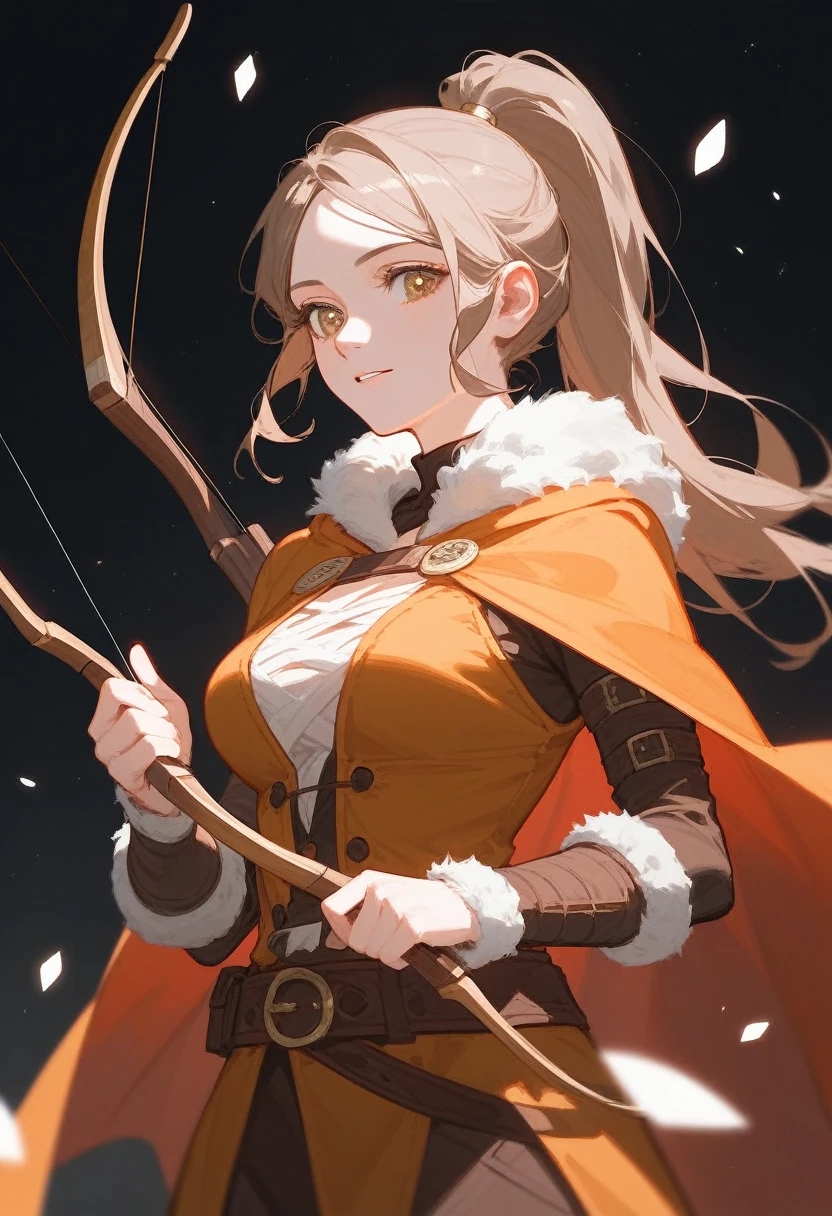 (Fraction_9,Fraction_8_Direction_7_up),1 Woman,Half Body,1 Woman,Brown pupils,hair, Double tail,Ponytail,hunter,Mink fur on shoulders,holding a bow and arrow in his hands,beauty的_Face,beauty,Wearing brown hunting clothes,怪物hunter、Wearing a cape、 Brown belt, barbarian,Beast bones on the body,No background,Indian costumes,