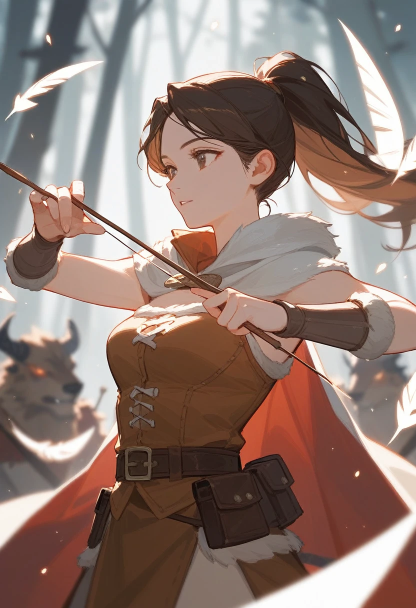 (Fraction_9,Fraction_8_Direction_7_up),1 Woman,Half Body,1 Woman,Brown pupils,hair, Double tail,Ponytail,hunter,Mink fur on shoulders,holding a bow and arrow in his hands,beauty的_Face,beauty,Wearing brown hunting clothes,怪物hunter、Wearing a cape、 Brown belt, barbarian,Beast bones on the body,No background,Indian costumes,