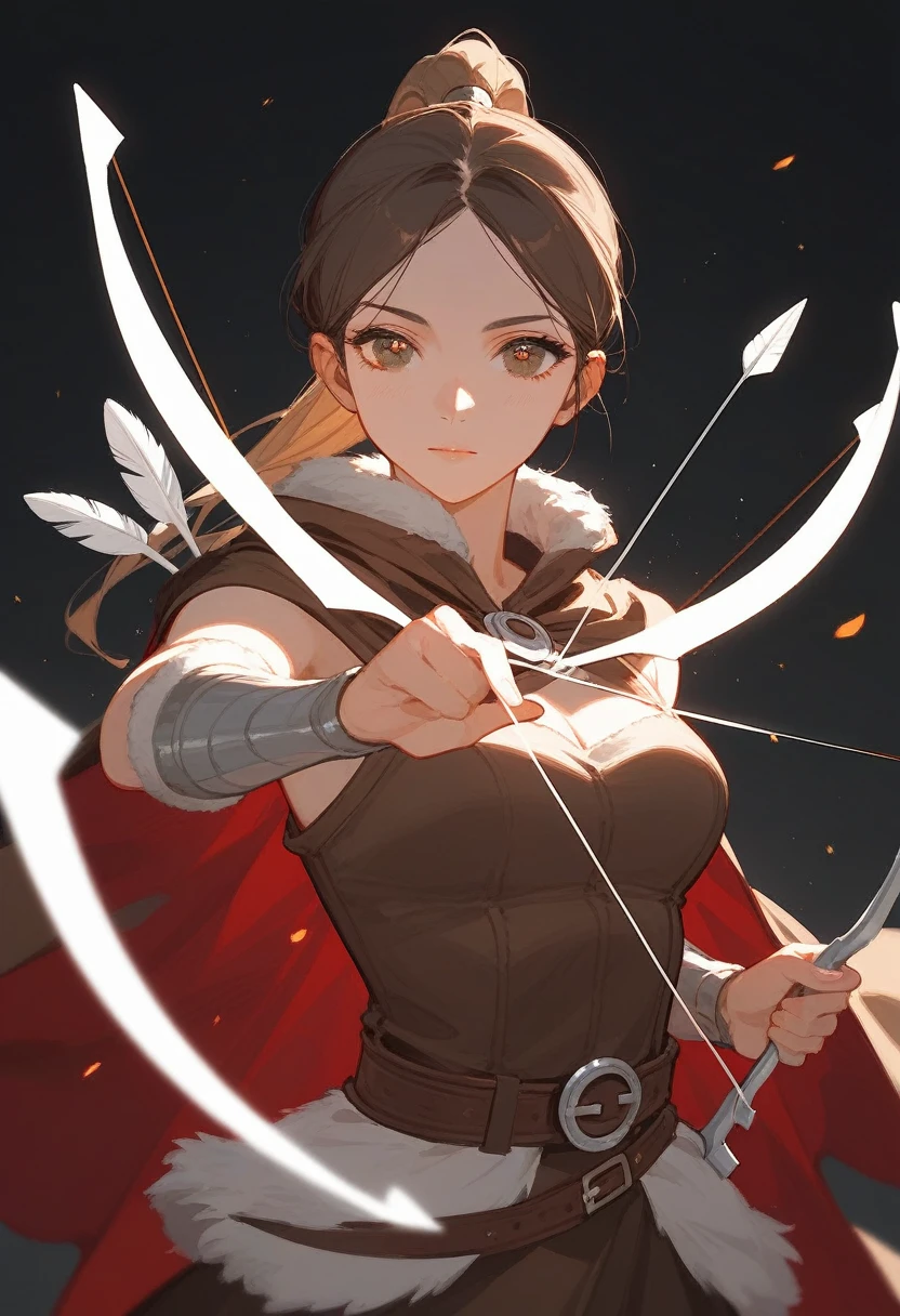 (Fraction_9,Fraction_8_Direction_7_up),1 Woman,Half Body,1 Woman,Brown pupils，hair, Double tail，Ponytail，hunter，Mink fur on shoulders，holding a bow and arrow in his hands,beauty的_Face,beauty,Wearing brown hunting clothes，怪物hunter、Wearing a cape、 Brown belt, barbarian，Beast bones on the body，No background，Indian costumes，
