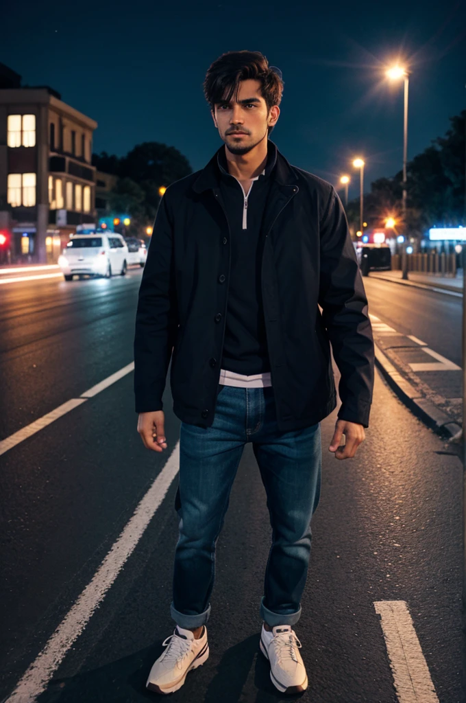 A man set on road in night