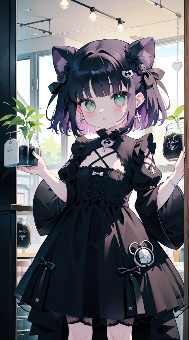 (((((inside jar))))))、one-girl、solo, Packed in jars、Cute Baby Turtle、A piece of, Gothic cross,a girl with short purple hair ,wearing a black and white dress, portrait of a goth catgirl, green eyes, my dress-up darling, bun hair in two bunches, gothic maiden anime girl, double tails