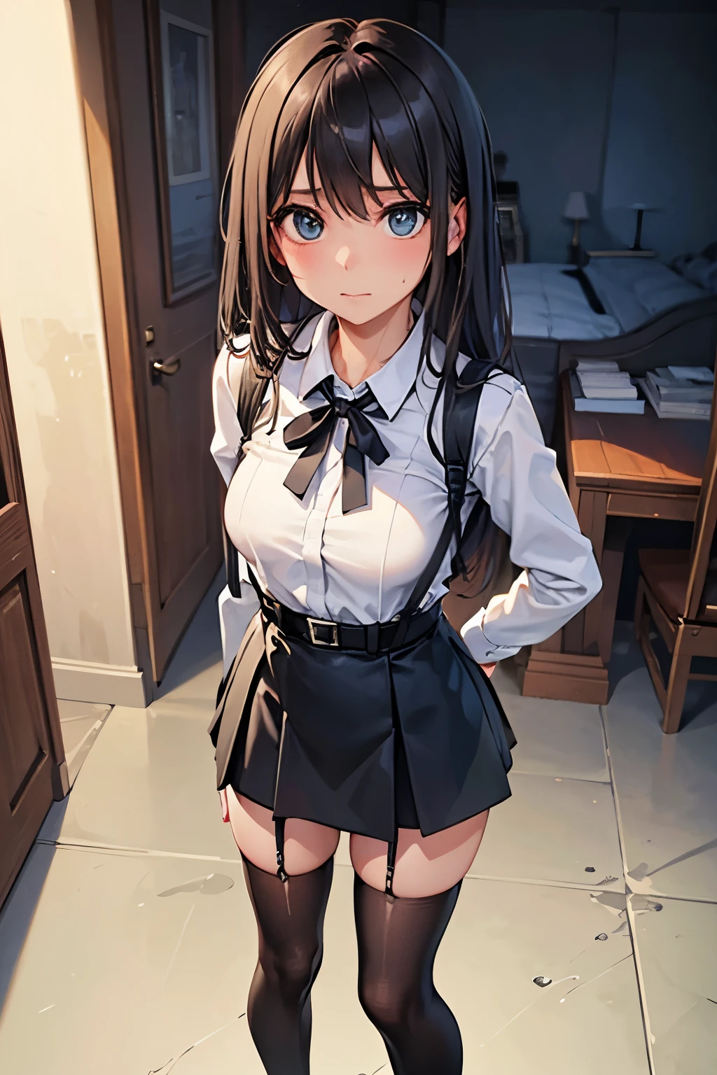 high quality, masterpiece, Ultra-high resolution, (realism: 1.4), Oil painting style, Cinema Lighting, , I stood on the empty asphalt road and looked at it., And the suspenders with the cranes flying Large Breasts Small face holster Lying in bed Looking up Sweat belt summer 脇Sweat Black Hole Gloves suit mini skirt garterbelt Leg Links ズボンにbelt holster Hands behind your back Anxious expression Looking up Anxious face Knee-high Knee socks Knee-highソックス garterbelt garter ふとももにgarterbelt