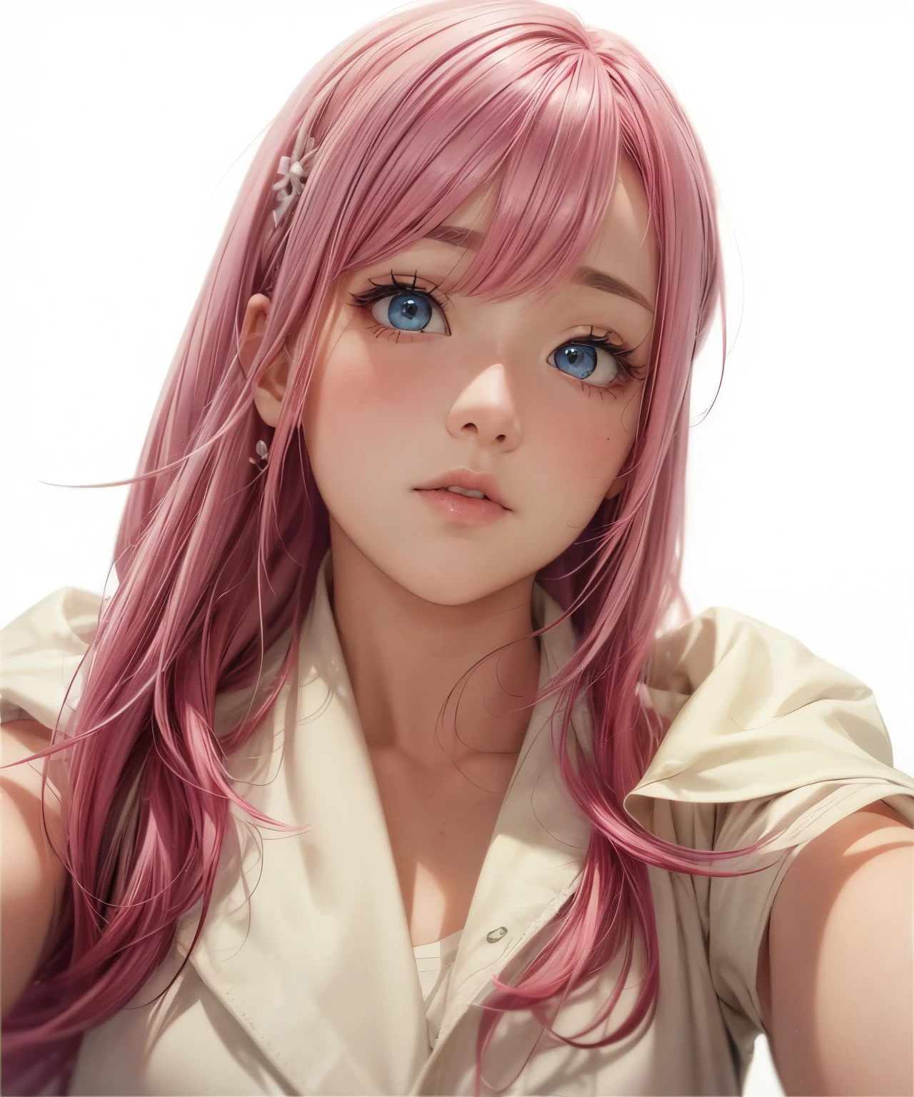 Pink Hair, High resolution, 1 Girl, Korean, Eyes with heterochromia, best quality, (masterpiece), best quality, 1girl, (独奏:1.1), Lens 135mm f1.8, highly detailed, intricate, (sketch:0.8), (white background:1.1),
