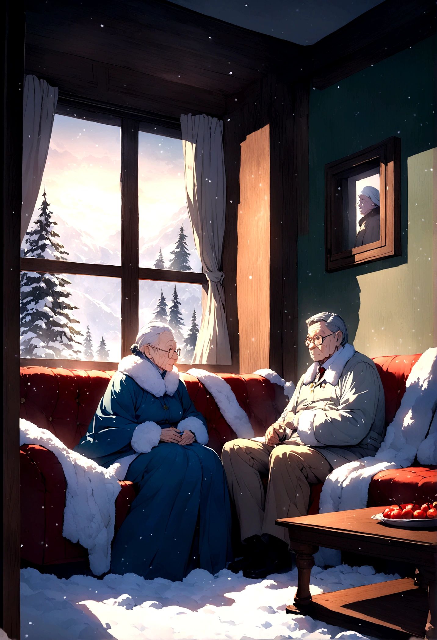cold winter，night，In the room，(Two old people),Sitting on the sofa,Heavy snow outside the window
