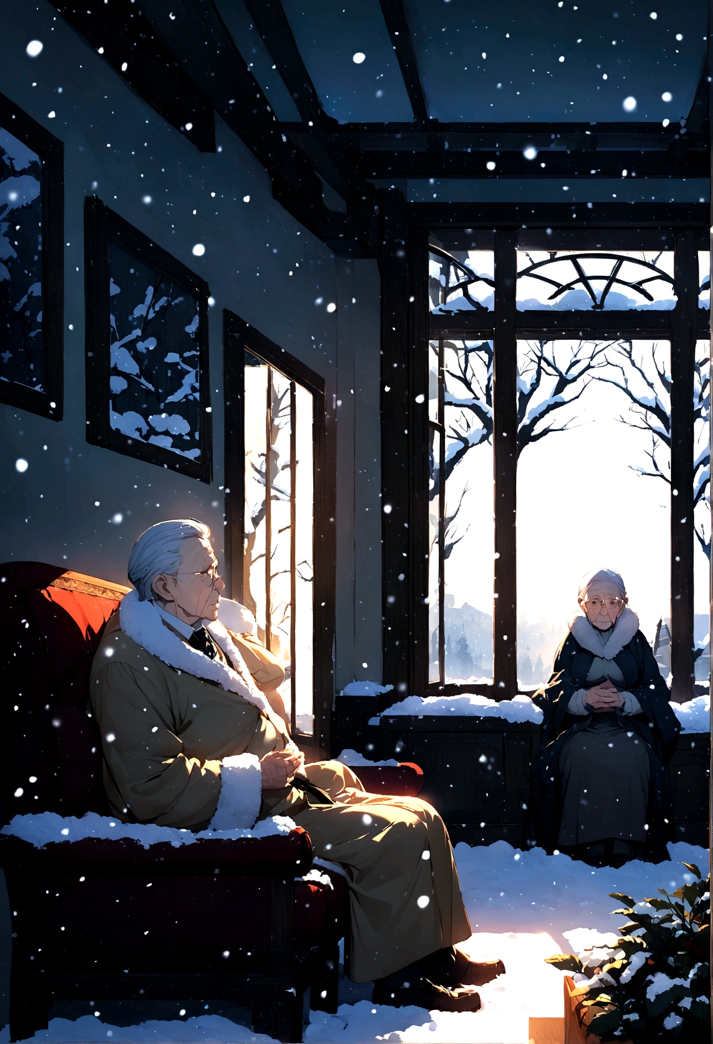 cold winter，night，In the room，(Two old people),Sitting on the sofa,Heavy snow outside the window