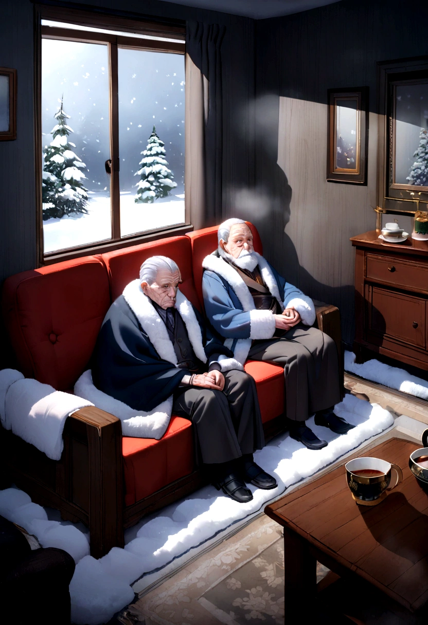 cold winter,night,In the room,(Two old people),Sitting on the sofa,Heavy snow outside the window
