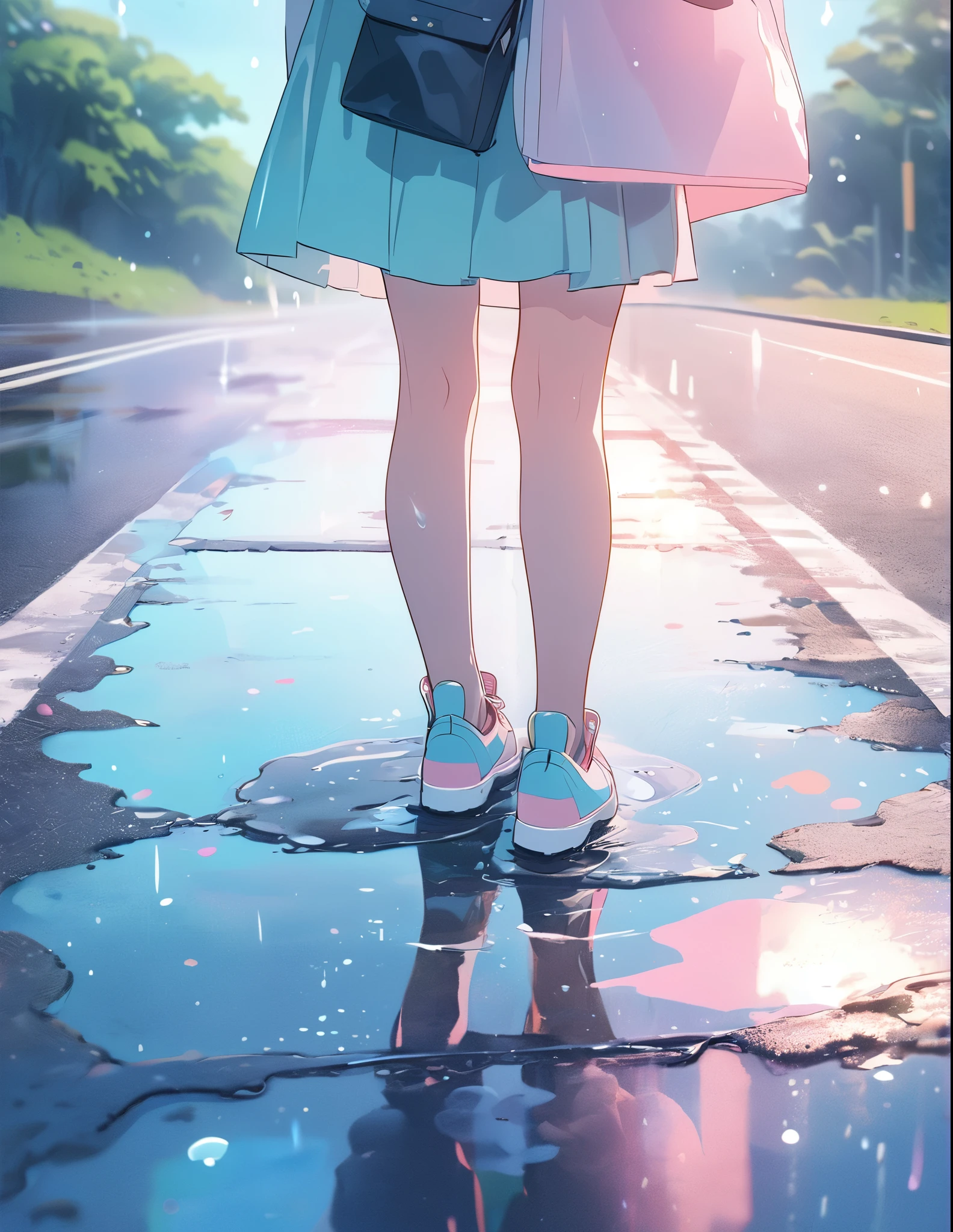 (anime style:1.4),Soft pictorial touches、超High resolution, Attention to detail, high quality, High resolution, 最high quality, 4K, 8K,Road after the rain、Puddle and girl、Pastel color effect