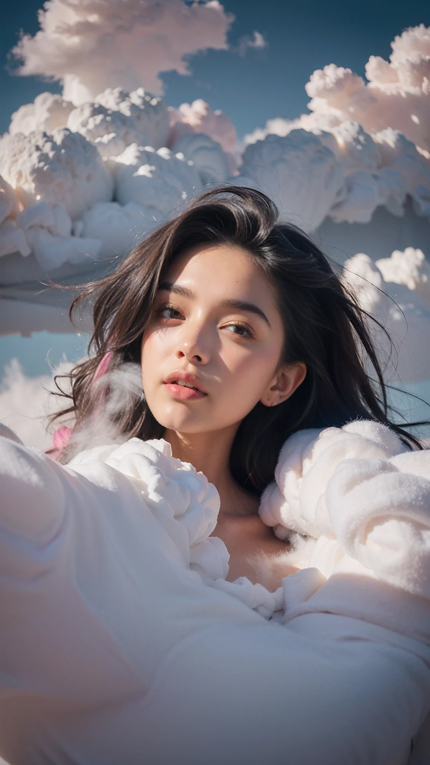 nebulous art of an (ethereal:1.2) cosmic goddess dissolving into nebulous clouds, colorful, nebulous texture, nebulous clouds, beautiful female face consisting entirely of clouds, looking at viewer, space