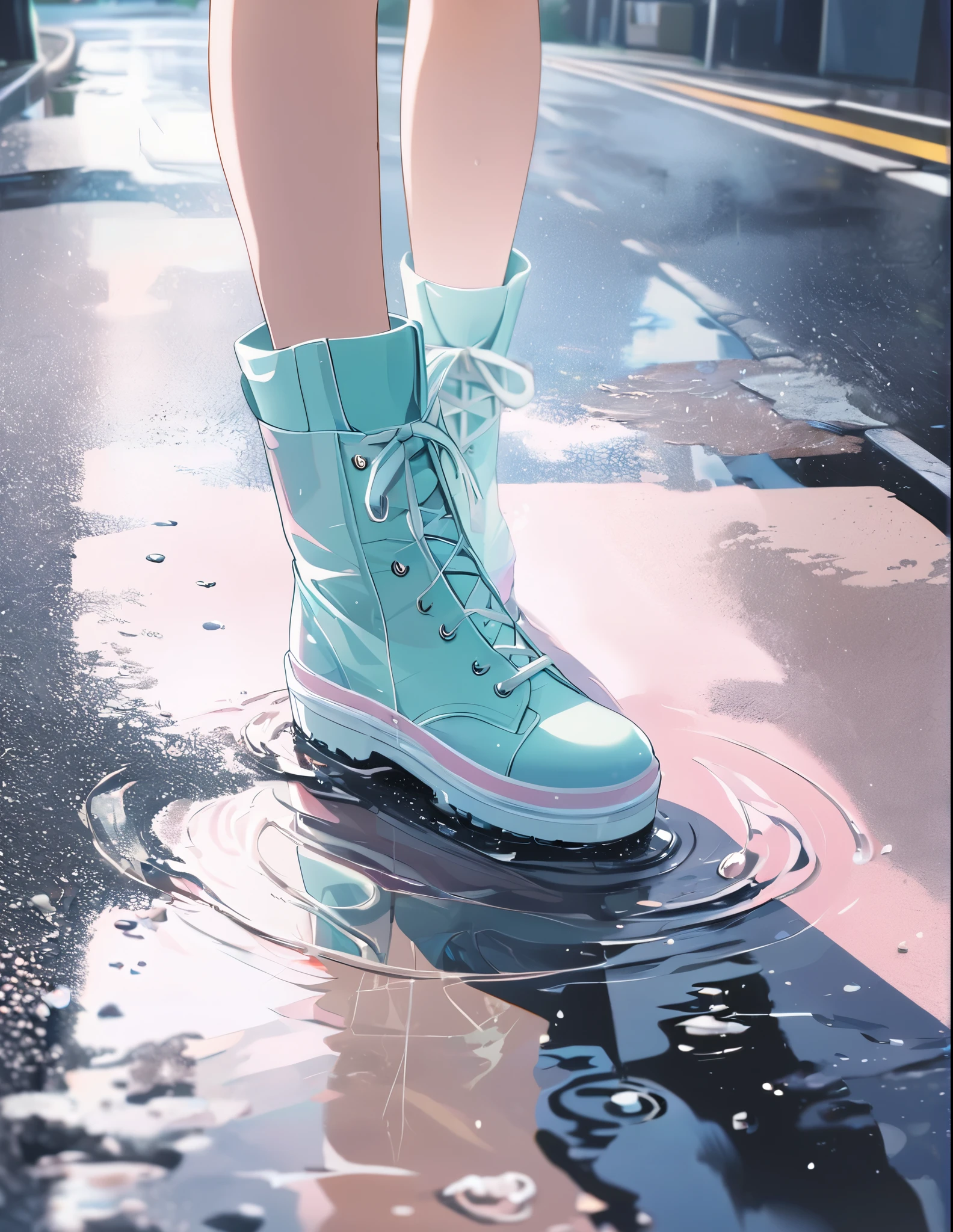 (anime style:1.4),Soft pictorial touches、超High resolution, Attention to detail, high quality, High resolution, 最high quality, 4K, 8K,Highly detailed depiction of a girl、Road after the rain、Puddle and girl、Pastel color effect、whole body、Close-up