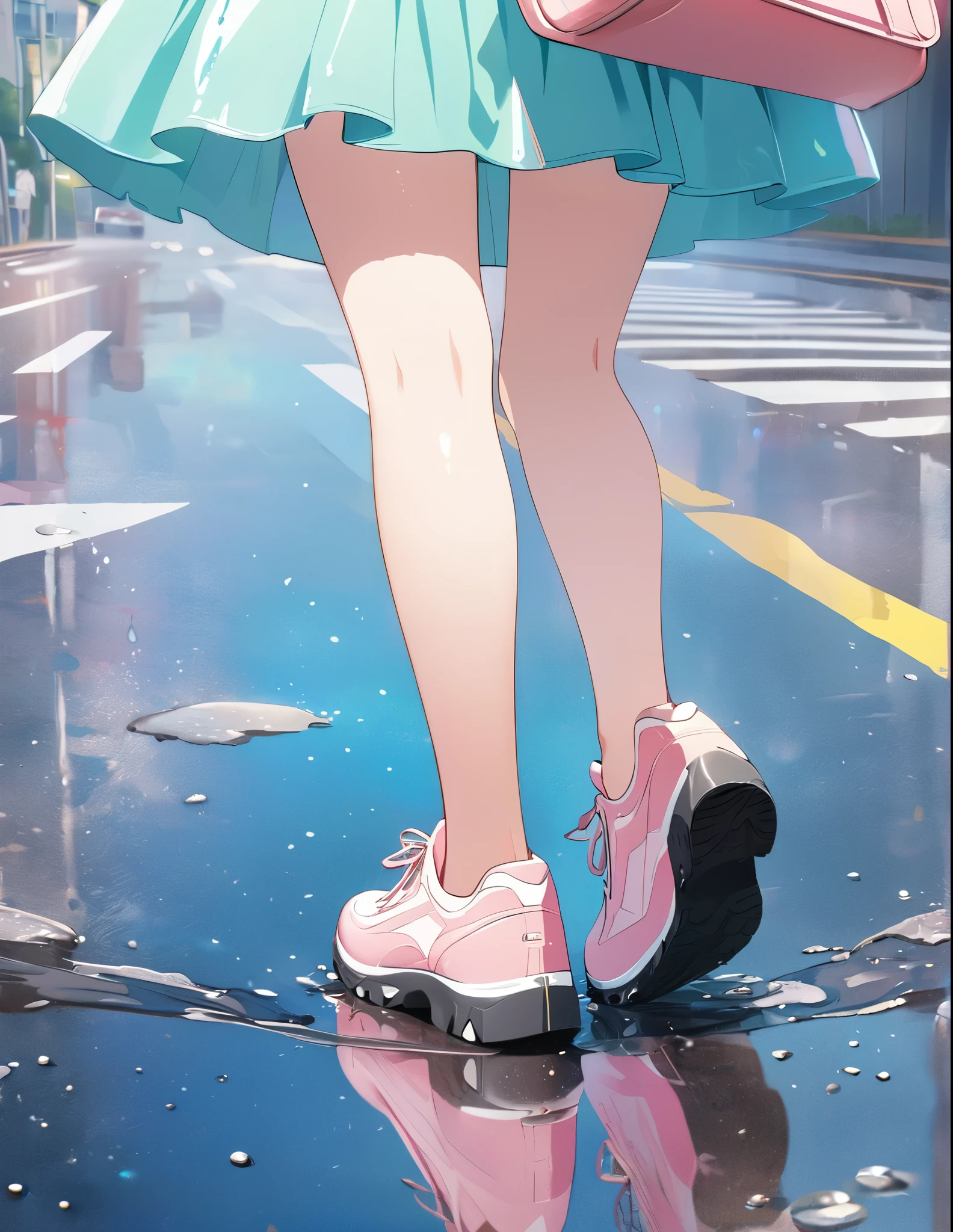 (anime style:1.4),Soft pictorial touches、超High resolution, Attention to detail, high quality, High resolution, 最high quality, 4K, 8K,Highly detailed depiction of a girl、Road after the rain、Puddle and girl、Pastel color effect、whole body、Close-up