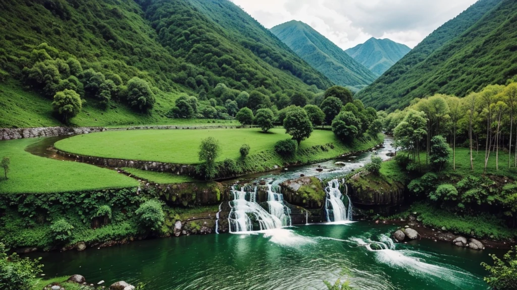 Green natural scenery, mountain, waterfall, river, green trees, green grass. warm color combination. hình ảnh thực tế, smooth