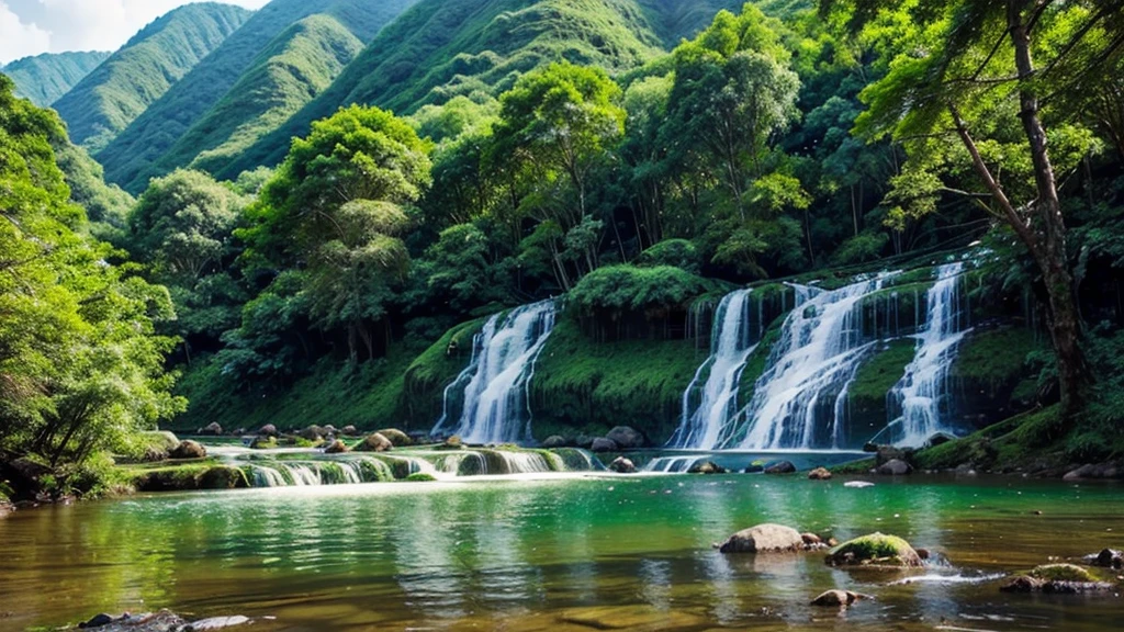 Green natural scenery, mountain, waterfall, river, green trees, green grass. warm color combination. hình ảnh thực tế, smooth