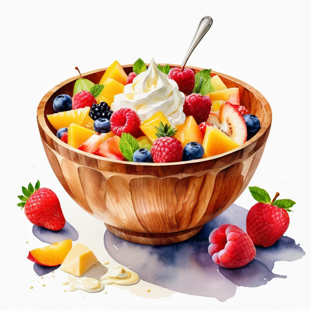 a painting of a wooden bowl of delicious fruit salad with mayonnaise and cream, ((watercolor)), solid white background, center composition, negative space around the object, washed out color, detailed masterpiece