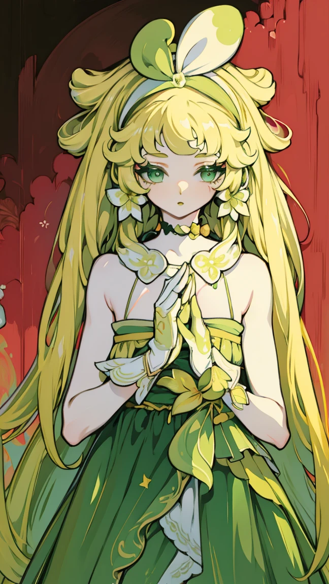 Painted on the chest, Honey, (1 girl), ((Solitary)), ((solitary)), charming, White skin, By Bangs, Blonde short hair, Green Eyes, Hair accessories, Very long hair, flowering, Shine beautiful light, Flowing hair, Green headband,Gloves，Eyeshadow, (Red lips), (Lace dress), masterpiece, high quality