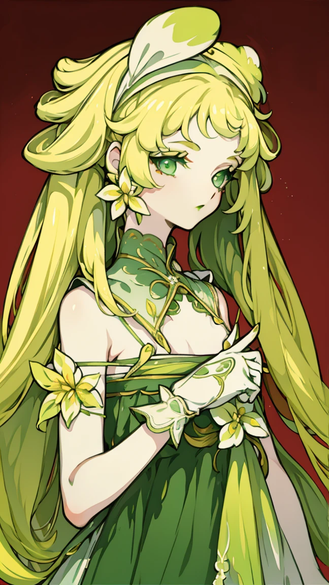 Painted on the chest, Honey, (1 girl), ((Solitary)), ((solitary)), charming, White skin, By Bangs, Blonde short hair, Green Eyes, Hair accessories, Very long hair, flowering, Shine beautiful light, Flowing hair, Green headband,Gloves，Eyeshadow, (Red lips), (Lace dress), masterpiece, high quality