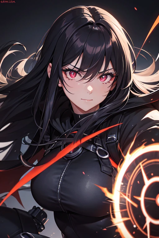 A close-up portrait of a beautiful woman with a determined and strong aura, smiling with the confidence of someone ready to fight. Anime style with ultra-detailed, bright crimson red eyes with circular pupils. She has black hair, and the background is a dark, realistic shadowed environment. She is wearing light black denim pants, dark brown boots, a purple hoodie, and a black jacket. The lighting is good, highlighting her features in 4K resolution. Her eyes are ultra-detailed, and her expression exudes strength and resolve.