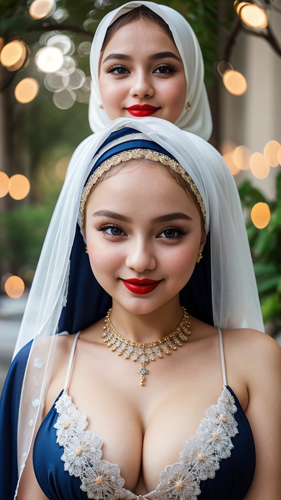 Beautiful, cute baby Face, 16 Years old russian lolita Girl, red lipstick, sensual Lipstick, dark red lipstick,blue eyes, (wearing hijab) and sexy kebaya dress, Rounded big Breast, cleavage cutout, slightly Chubby , luxury necklace, White Skin, Smiling, Dark City Background, mid shot, upper body, Perfect Potrait, Bokeh Effect, Look at Viewer, Armpit, Perfect Eye, Perfect Hand, Perfect Finger, Bracelet, Ring, small breast, ((adorable:1.2)), ((masterpiece:1.1)), ((bokeh:1.2)),