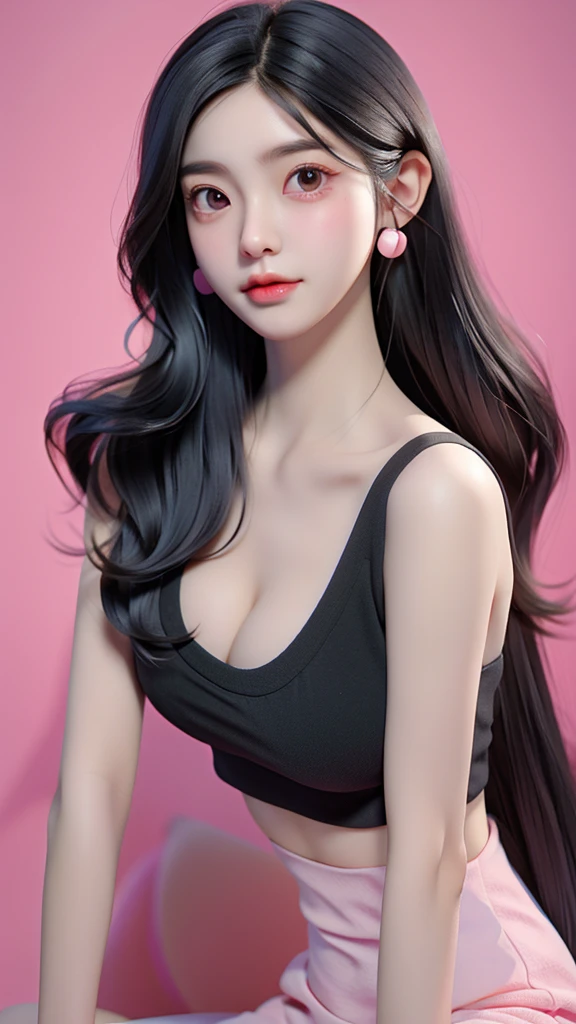 arafed asian woman with long black hair posing for a picture, pink tight crop top, look at the viewer, ruan cute vtuber, girl cute-fine-face, half body girl portrait, young cute wan asian face, young and cute girl, with cute - fine - face, big breast, ulzzang, dilraba dilmurat, she has a cute innocent face, cute kawaii girl, ((large breasts)) , ((cleavage)), tanktop