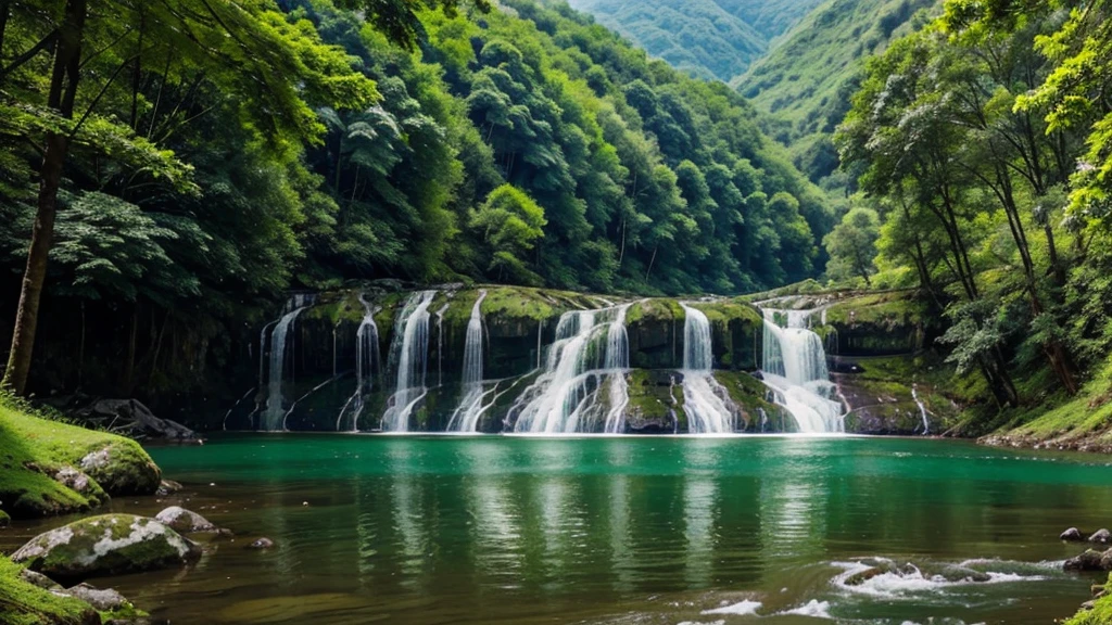 Green natural scenery, mountain, waterfall, river, green trees, green grass. warm color combination. hình ảnh thực tế, smooth