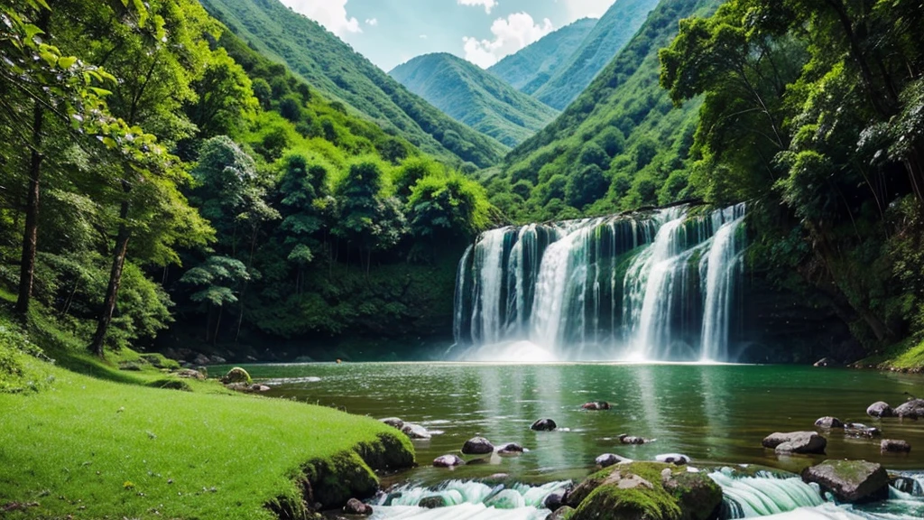 Green natural scenery, mountain, waterfall, river, green trees, green grass. warm color combination. hình ảnh thực tế, smooth