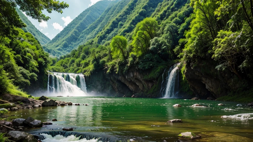 Green natural scenery, mountain, waterfall, river, green trees, green grass. warm color combination. hình ảnh thực tế, smooth