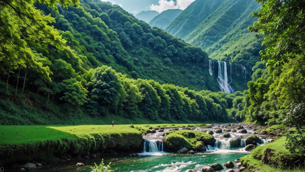 Green natural scenery, mountain, waterfall, river, green trees, green grass. warm color combination. hình ảnh thực tế, smooth