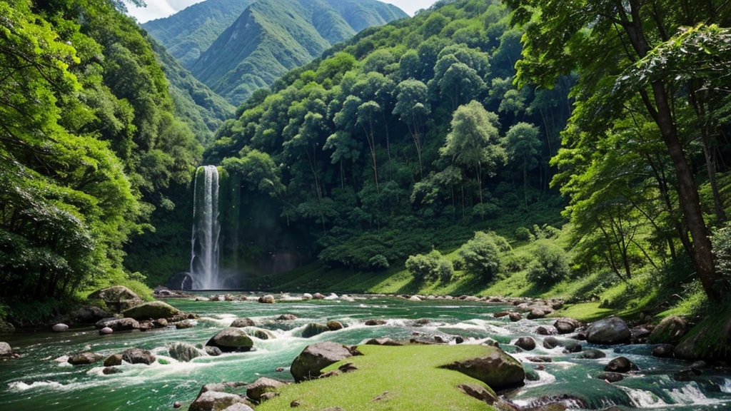 Green natural scenery, mountain, waterfall, river, green trees, green grass. warm color combination. hình ảnh thực tế, smooth