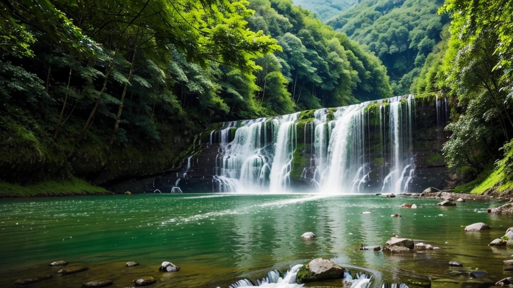 Green natural scenery, mountain, waterfall, river, green trees, green grass. warm color combination. hình ảnh thực tế, smooth
