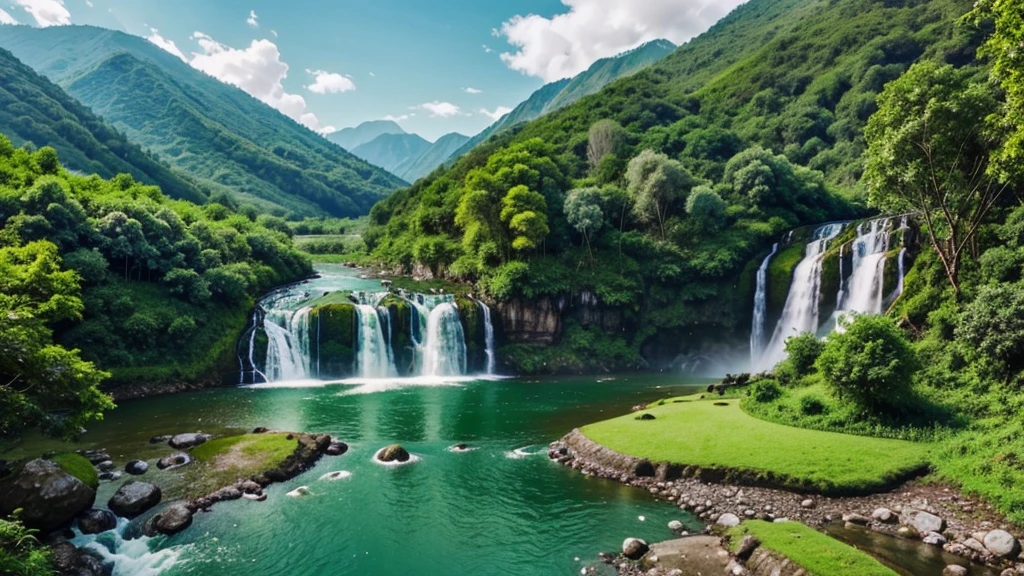 Green natural scenery, mountain, waterfall, river, green trees, green grass. warm color combination. hình ảnh thực tế, smooth