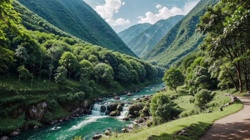 Green natural scenery, mountain, waterfall, river, green trees, green grass. warm color combination. hình ảnh thực tế, smooth
