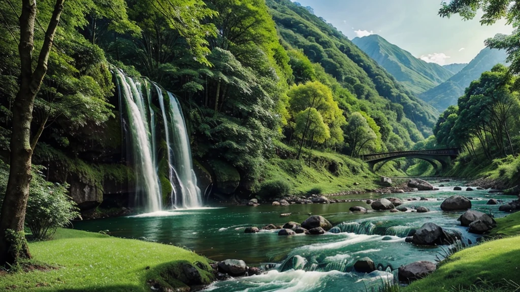 Green natural scenery, mountain, waterfall, river, green trees, green grass. warm color combination. hình ảnh thực tế, smooth