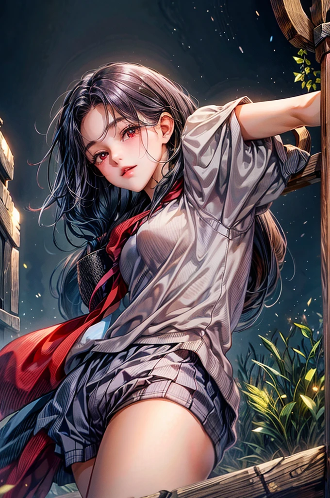 a rural village, young girl, street, high school students, girl,black hair and long hair,red eyes, smart, cool, lively