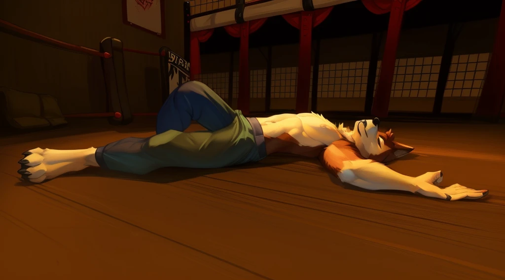 a detailed picture of a boxing match (one male anthros), slim body, slim features, in a boxing ring, Ross Tran, ruan jia, trending on artstation, foxovh, ((terrier wolf, reddish-brown fur, green shorts, knocked out on the floor)), from side