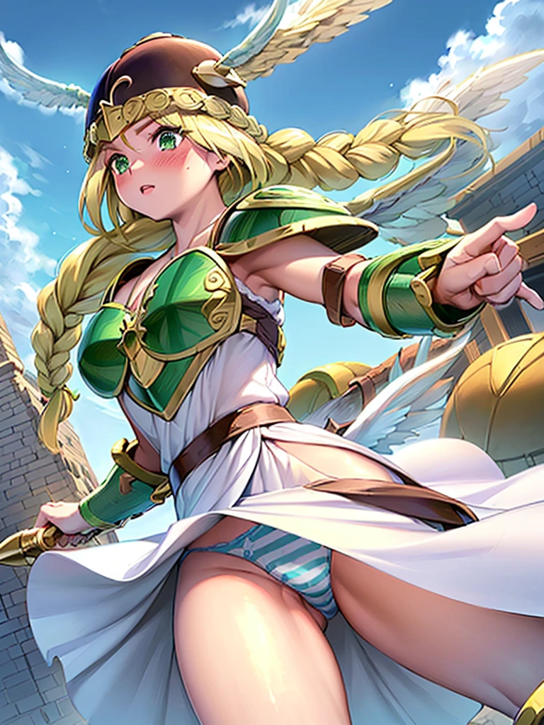 masterpiece,best quality, 1girl, 18yo, beautiful girl,BREAK,(Armor:1.8),(Helmet with wings:1.7),(Beautiful blonde,braid,Green Eyes:1.5),BREAK,(White Dress,Blue and white striped panties:1.4),(She lifts her skirt to show her panties:1.4),BREAK,(blush:1.3), (blue sky:1.2),(Running on clouds:1.3),(move chart:1.3),
