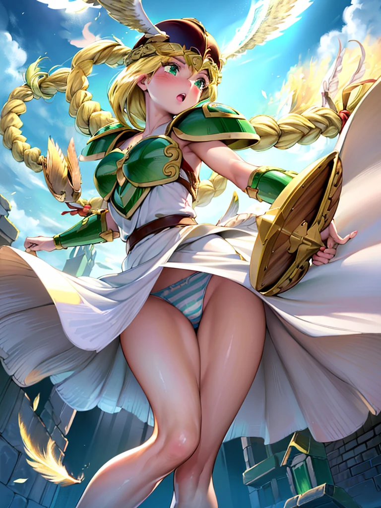 masterpiece,best quality, 1girl, 18yo, beautiful girl,BREAK,(Armor:1.8),(Helmet with wings:1.7),(Beautiful blonde,braid,Green Eyes:1.5),BREAK,(White Dress,Blue and white striped panties:1.4),(She lifts her skirt to show her panties:1.4),BREAK,(blush:1.3), (blue sky:1.2),(Running on clouds:1.3),(move chart:1.3),