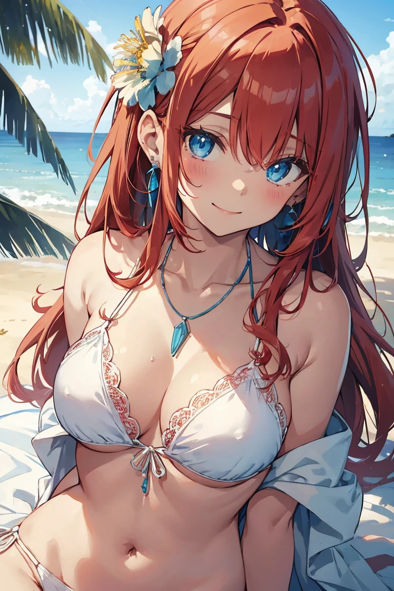 1 cute girl,white bikini,lying on back,wet body,cute face,smiling,long hair,gainsboro hair,cornflowerblue eyes,beach,earrings,necklace,indianred hair ornament,anime style,masterpiece, extremely fine and beautiful