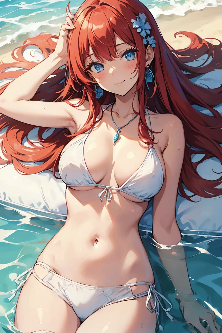 1 cute girl,white bikini,lying on back,wet body,cute face,smiling,long hair,gainsboro hair,cornflowerblue eyes,beach,earrings,necklace,indianred hair ornament,anime style,masterpiece, extremely fine and beautiful