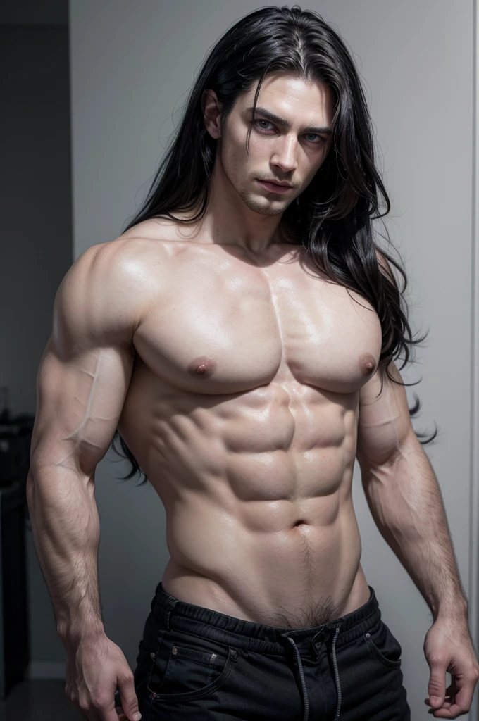 create a hyper-realistic naked man. He is white and handsome, His eyes are striking. He has long black hair that goes down to his waist and is loose.. Your body is extremely muscular and strong. His appearance is dark and mysterious. He is older and his dick is thick and big.