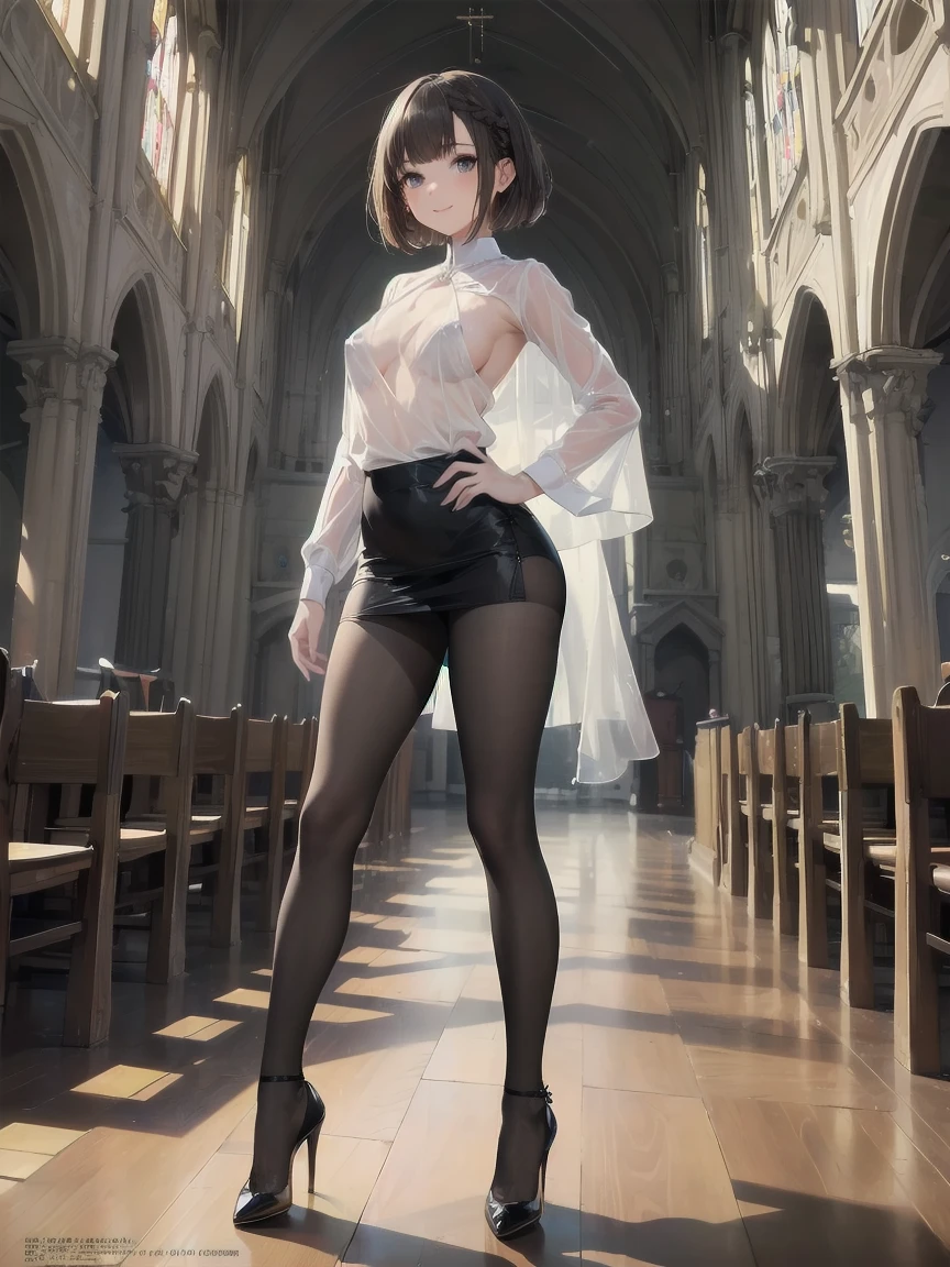 (Ultimate masterpiece), (Superb quality), (Ultra-detailed), High resolution, Ultimate beauty, High saturation, Vivid,.
(((no bra))),(((See-through))),(((no bra))),(((See-through))),
1 beautiful girl, (cute girl), (thighs, black tights), (high heels), (cathedral dress), convent dress,
Super smile, brown hair, one length bob cut braided, (standing, dynamic pose), (dainty pose, super cute), oldest and historic place of worship, indoor background,
Fashion magazine shoot, professional shading, best illustration of her looking pretty.(((no bra))),(((See-through))),(((no bra))),(((See-through))),