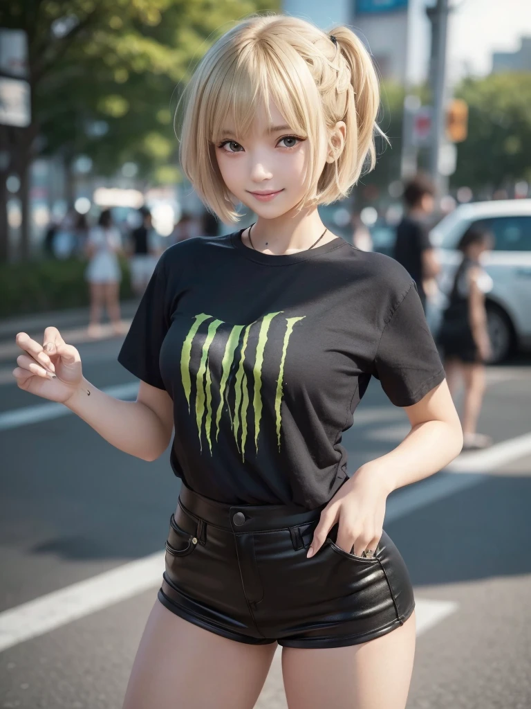 (8K, RAW Photos, Highest quality, masterpiece:1.2), (Realistic, photo-Realistic:1.4), (Highly detailed 8K wallpapers), ((Full Body Shot)), (1 girl), Sharp focus, Depth of written boundary, Cinematic lighting, Soft Light, 緻密な美しさのeye, eye_Chan, Very beautiful girl, innocent big eyes, Realistic, photo Realistic, Highly detailed cute girl, (Thin thighs), (Model Body Type), 18-year-old, ((Monster Energy short sleeve T-shirt)), ((Black micro mini tight skirt)), (((Fold your arms in front of your chest and act arrogantly))), ((A happy smile)), Parted lips, Watching the audience, (On the streets of Tokyo) , (Blonde),(Short Bob Hair), (Asymmetrical bangs)