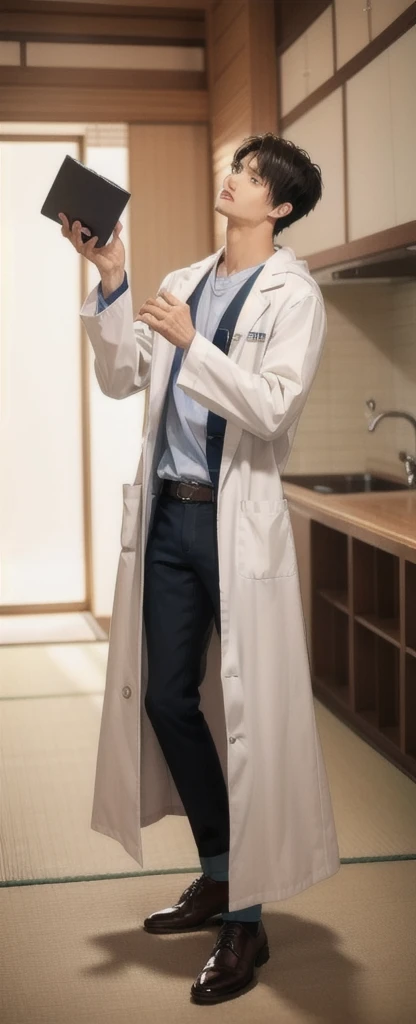 (Fair skin),((white lab coat)), (black hoodie underneath),Iris,(gender: Natural Face),(Japanese),(leather shoes),long body,handsome young asian man, Japanese idol style, short clean-cut hair, (center part), calm confident expression, hands in lab coat pockets, plain white background, portrait, high quality, detailed, 8K