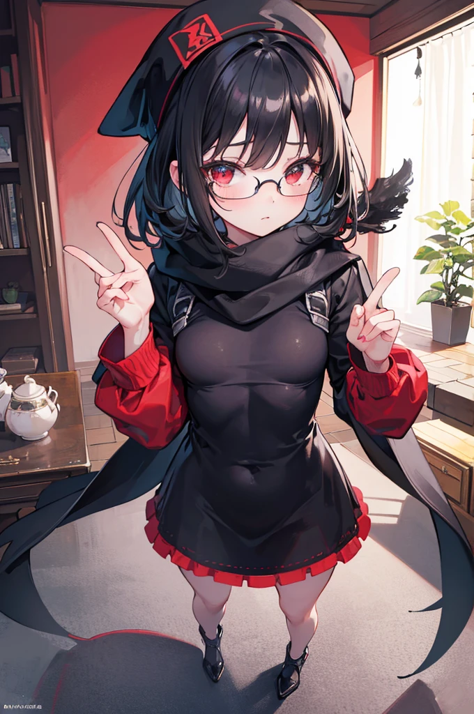 (masterpiece), insanely detailed, ultra-highres, ultra-detailed, best quality, 1 girl, solo, nice hands, perfect hands, best quality, high quality, perfect-lighting, illustration, cute , detailed-face, small breasts, dynamic pose, cowboy shot, looking at viewer, full body model, girl, dynamic pose, cowboy shot, black hair, fluffy cut hair, (short) red eyes, beautiful woman, 1 girl, solo, cute girl, blushing, expressive eyes, Round Glasses Black, black beanie, (black) fluffy cut black hair, black scarf, random clothes, (tight fitting), living room,