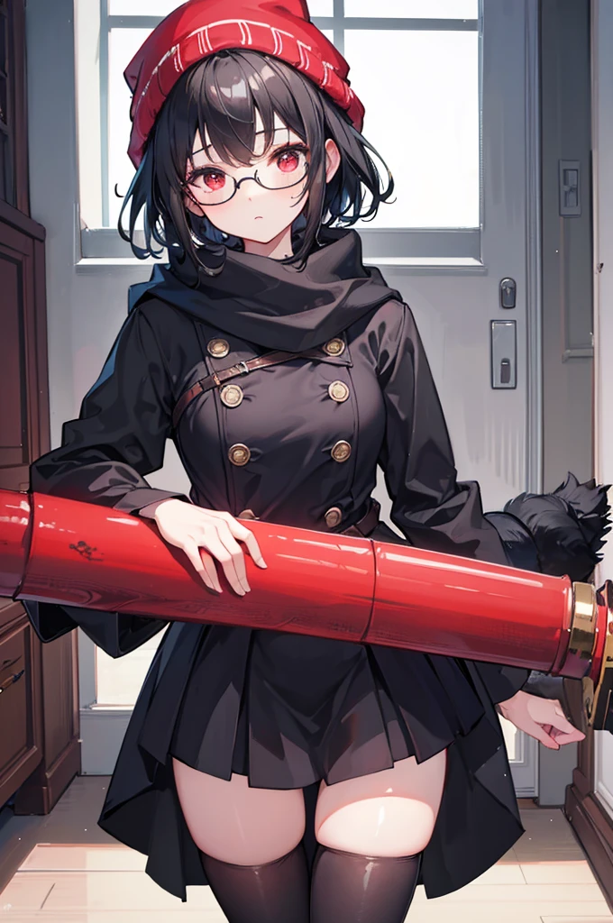 (masterpiece), insanely detailed, ultra-highres, ultra-detailed, best quality, 1 girl, solo, nice hands, perfect hands, best quality, high quality, perfect-lighting, illustration, cute , detailed-face, small breasts, dynamic pose, cowboy shot, looking at viewer, full body model, girl, dynamic pose, cowboy shot, black hair, fluffy cut hair, (short) red eyes, beautiful woman, 1 girl, solo, cute girl, blushing, expressive eyes, Round Glasses Black, black beanie, (black) fluffy cut black hair, black scarf, random clothes, (tight fitting), living room,
