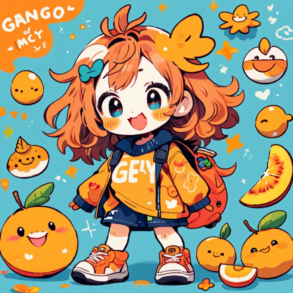 cute tiny creature made of mango , smiling , joyful gesture , wearing modern clothes