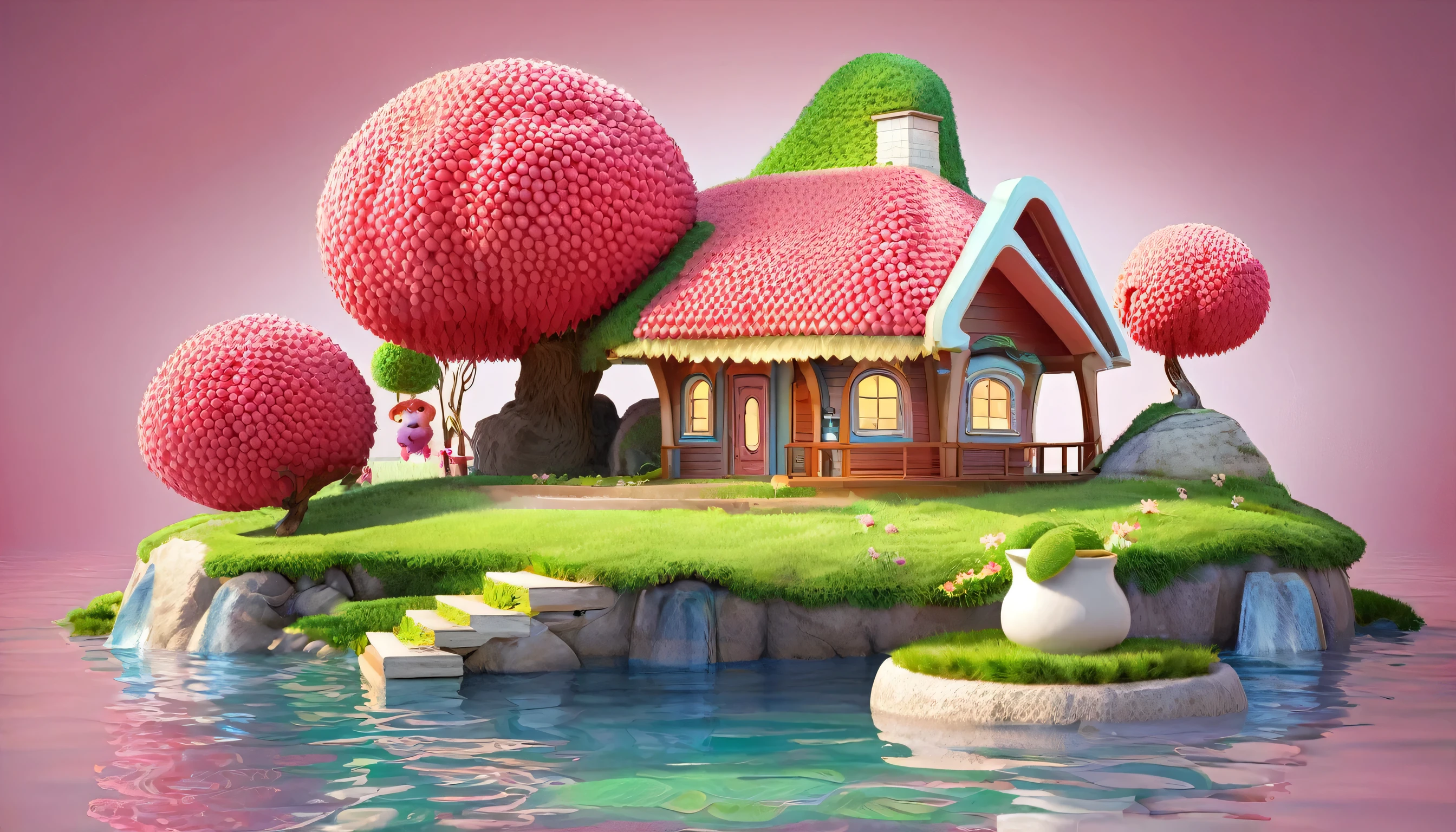 A cartoon house in the shape of a lychee，Super big and cute，3d，Pixar animation style，Super Fine，Ultra HD