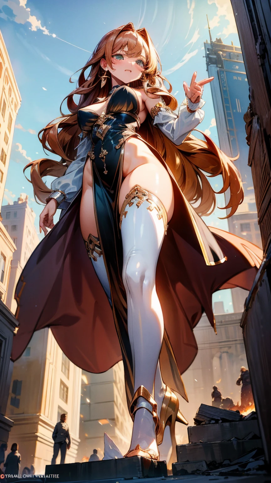 The elegant giantess, in a shimmering silver gown, with flowing auburn hair and hazel eyes, strides through an ancient city. Her towering form crushes stone buildings and statues underfoot, each step causing the ground to quake. She gazes down at the tiny humans below with a look of condescending amusement, her voice filled with mocking laughter. Her curvy body glistens in the sun, every movement exuding an air of majestic dominance and irresistible allure. Giantess, Goddess, sexy legs, heels, hot, curvy body, mommy issues, small town, small people, tiny people, macrophilia, perspective from below, high quality, almost naked, mature woman, majestic.

