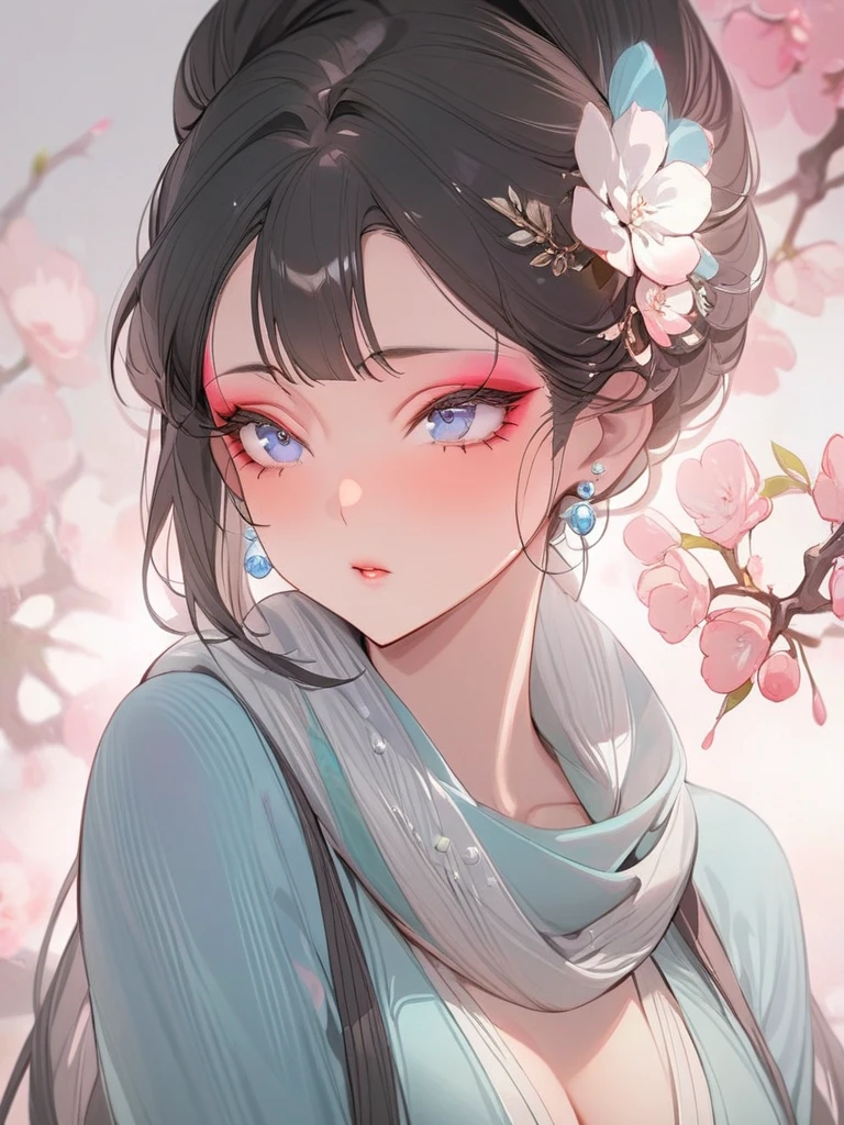 (masterpiece, best quality:1.2), 1 girl, solitary, Black Hair, Skin details, Beautiful facial features, Exquisite makeup, Blue clothes, Exquisite eyes, Eye details, scarf, hair, flash